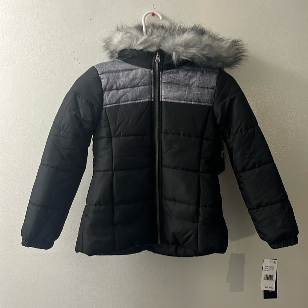 WeatherTamer jacket size S girls faux fur blac and gray plus head band.